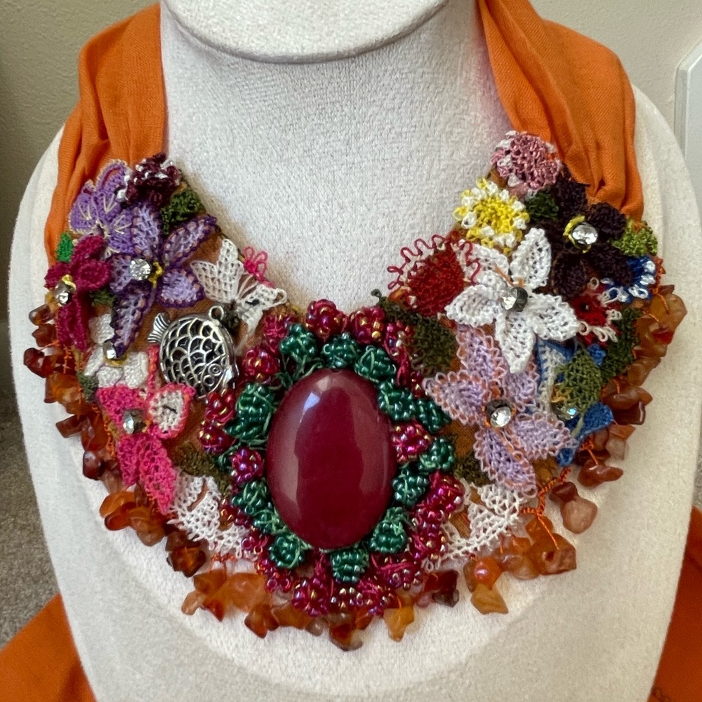 Handmade,Floral Scarf Necklace with Gemstones, Laces,Fall Neck Accessory, Orange